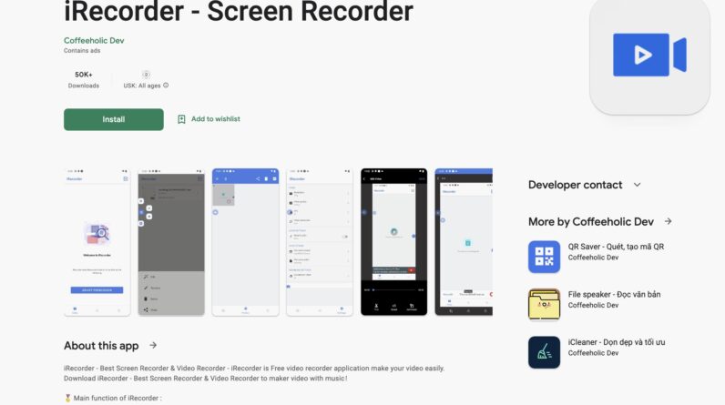 A screenshot of iRecorder, the affected app, in Google Play as it was cached in the Internet Archive in 2022.