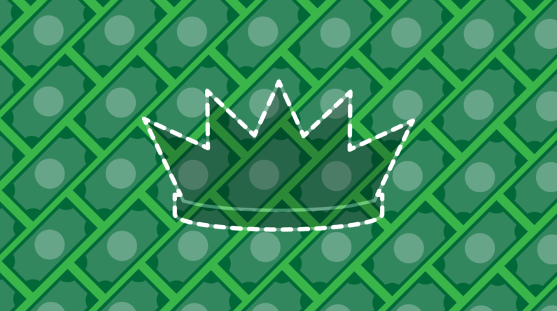 illustration dotted line crown over a background pattern of dollar bills