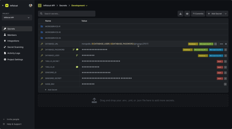 Infisical dashboard