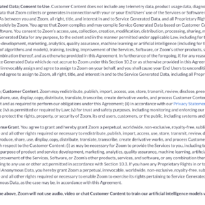 Zoom T&Cs clauses for using data for AI model training