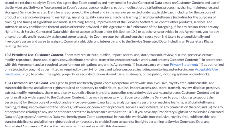 Zoom T&Cs clauses for using data for AI model training