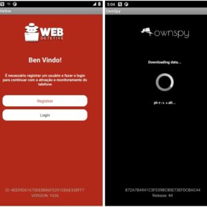 a side-by-side photo comparison of WebDetetive (left) and OwnSpy (right) running on Android.