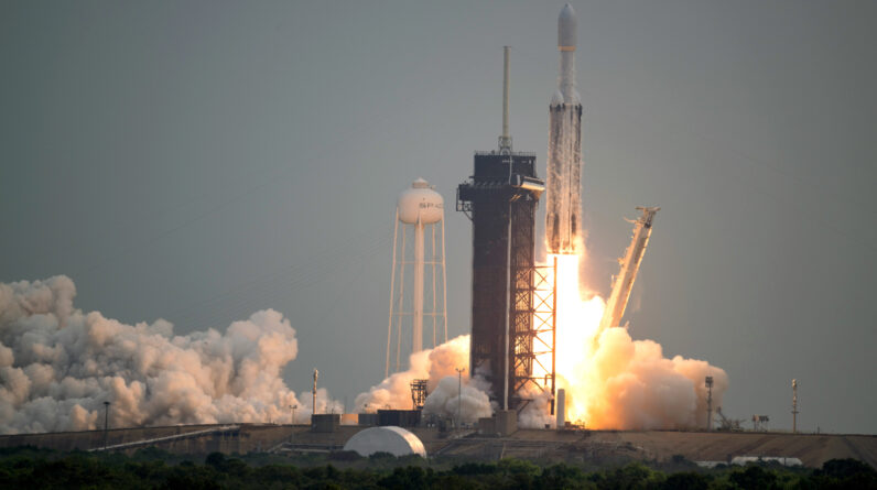 A SpaceX Falcon Heavy rocket with the Psyche spacecraft onboard is launched from Launch Complex 39A.