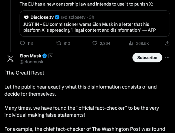 elon musk X stance on disinformation screengrab