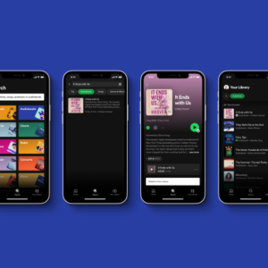 Spotify audiobooks screens on 4 mobile phones