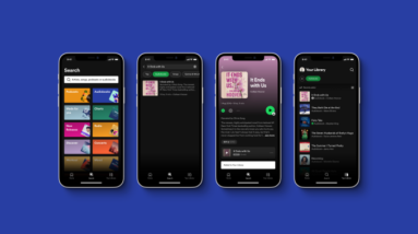 Spotify audiobooks screens on 4 mobile phones