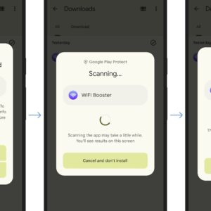 three screenshots showing Google Play Protect's real-time app scanning in effect