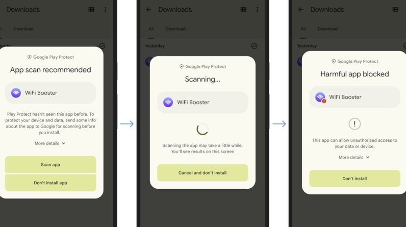 three screenshots showing Google Play Protect's real-time app scanning in effect