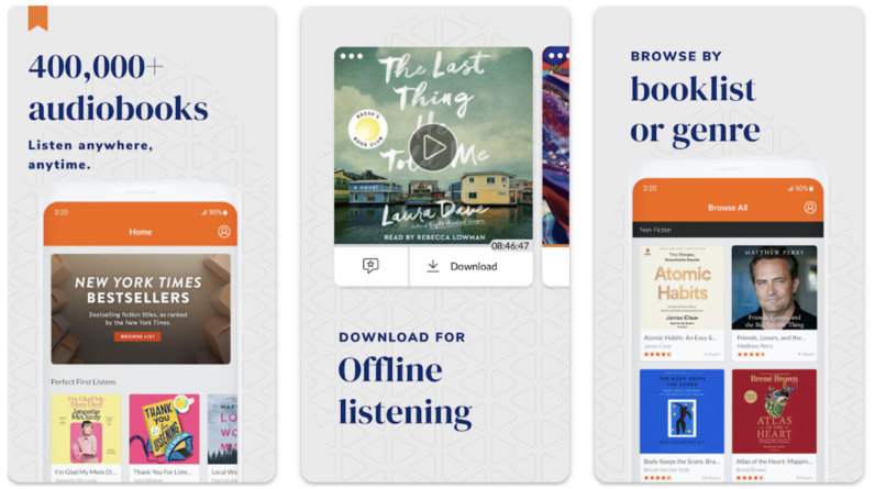 Three images showcasing the audiobooks.com app