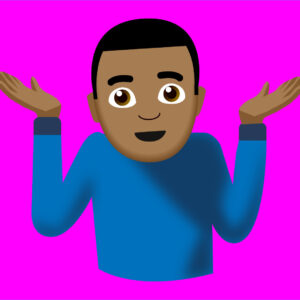 an illustration of a Black man emoji shrugging, on a purple background