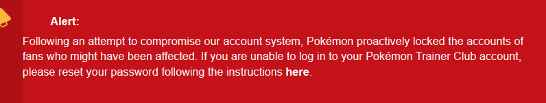 The alert about hacking attempts that The Pokemon Company posted on its official support website.