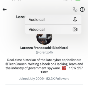 A screenshot of X's audio and video calling feature.
