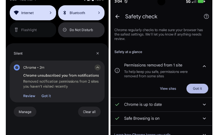 screenshots showing the Chrome feature, saying: "Chrome unsubscribed you from notifications."